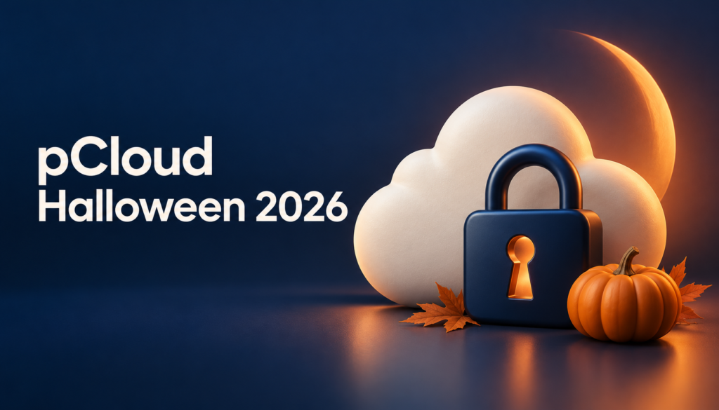 pCloud Halloween 2026：雲と南京錠、かぼちゃを組み合わせたハロウィンセールのイメージ