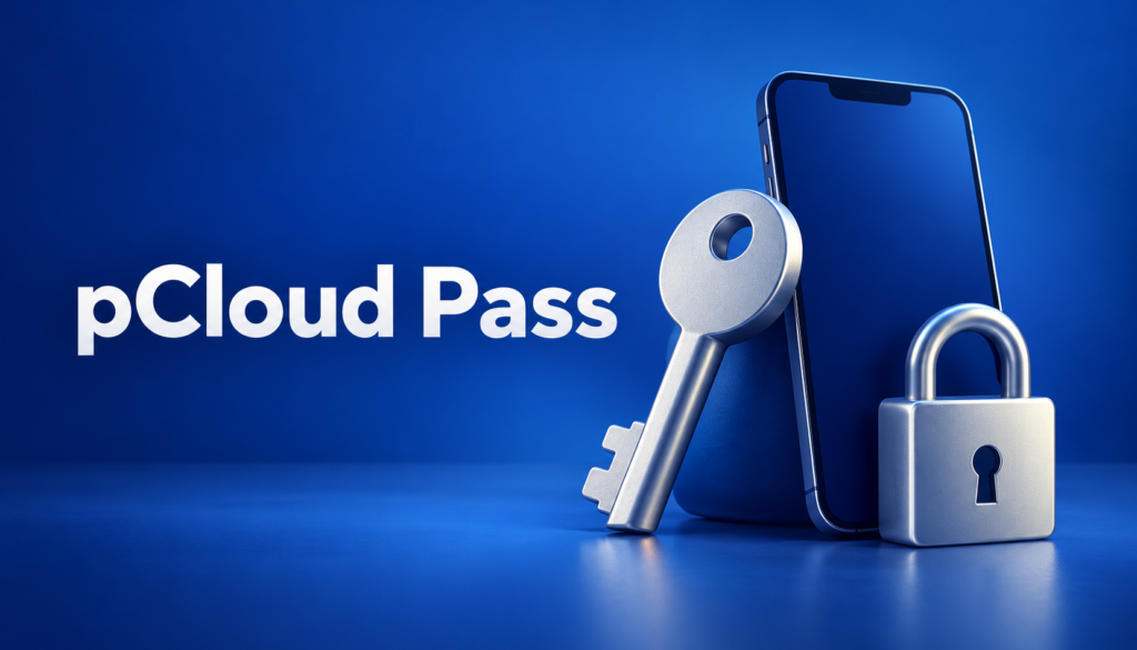pCloud Pass：スマートフォンと鍵でパスワード管理を表したイメージ